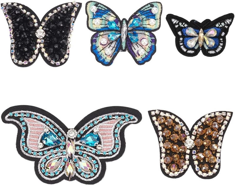 AHANDMAKER 5Pcs Rhinestone Butterfly Beaded Applique Patches, 5 Style Butterfly Sew On Rhinestone Beaded Patches Decorative Applique Patch for DIY Craft Party Dress Jeans Jackets Clothing Accessory - Image 1